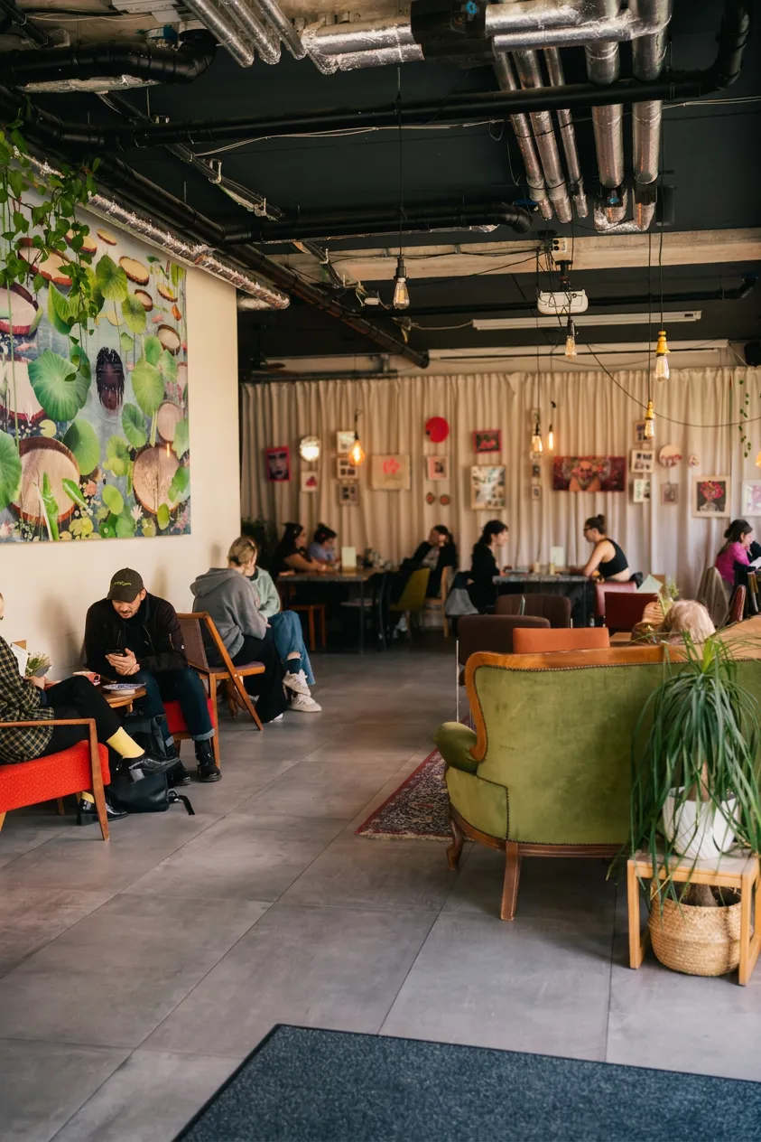 Gäste sitzen im kate Café in Erfurt zwischen Vintage-Möbeln, Pflanzen und Kunst an den Wänden